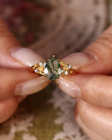 WINOLA Leaf Pear Cut Moss Agate Engagement Ring