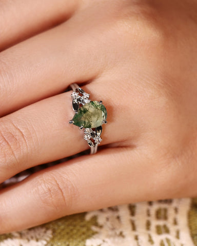 WINOLA Leaf Pear Cut Moss Agate Engagement Ring