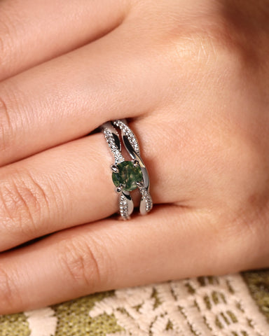 ANORA Classic Twist Round Moss Agate Ring Set