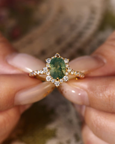 MARIGOLD Halo Oval Cut Moss Agate Engagement Ring