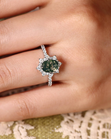 MARIGOLD Halo Oval Cut Moss Agate Engagement Ring