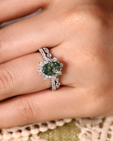 ARIANNA Oval Cut Halo Moss Agate Ring Set