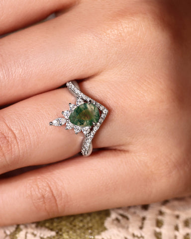 ISLAE Infinity Twisted Pear Cut Moss Agate Engagement Ring