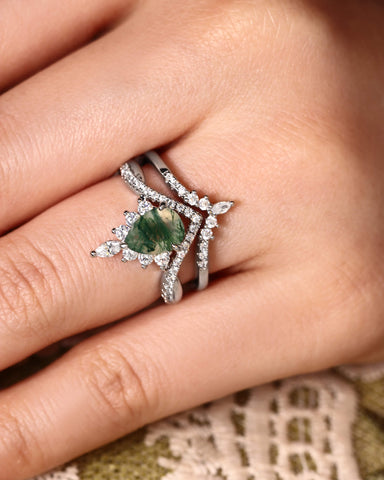 BRIELLE Pear Cut Moss Agate Engagement Ring Set