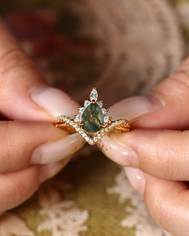 ISLAE Infinity Twisted Pear Cut Moss Agate Engagement Ring