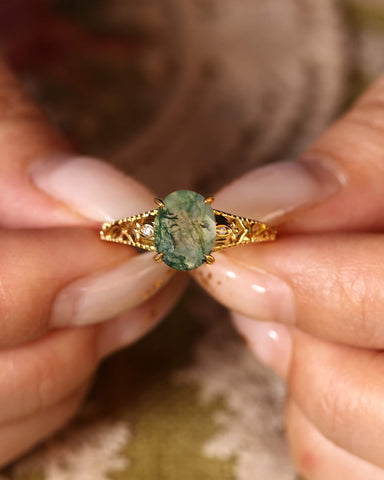 ESSIE Art Deco Jewelry Floral Oval Moss Agate Engagement Ring