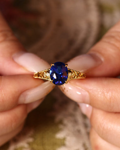 MIREN Art Deco Jewelry Floral Oval Blue Sapphire Engagement Ring