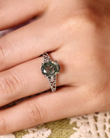 ESSIE Art Deco Jewelry Floral Oval Moss Agate Engagement Ring