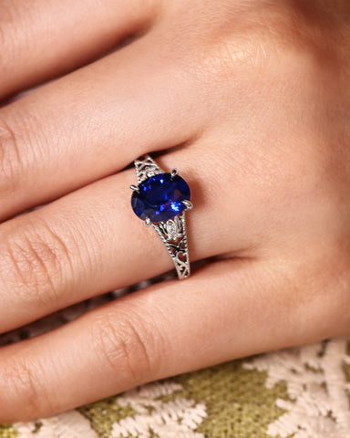 MIREN Art Deco Jewelry Floral Oval Blue Sapphire Engagement Ring