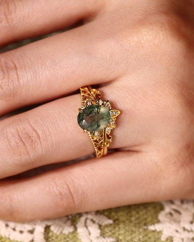 OPHIRA Vintage Floral Oval Shaped Moss Agate Engagement Ring Set