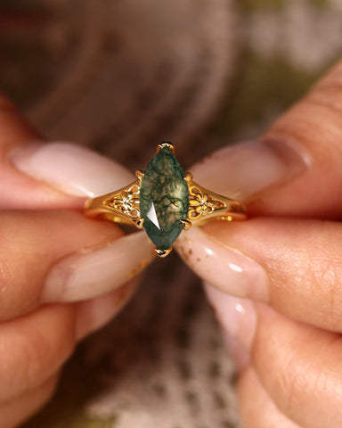 WYNN Art Deco Style Fleur-De-Lis Marquise Cut Moss Agate Engagement Ring