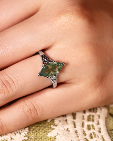 WYNN Art Deco Style Fleur-De-Lis Marquise Cut Moss Agate Engagement Ring