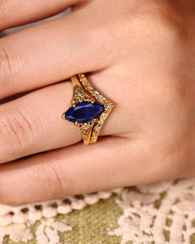 BELLAMY Art Deco Inspired Fleur-De-Lis Vintage Marquise Blue Sapphire Engagement Ring Set