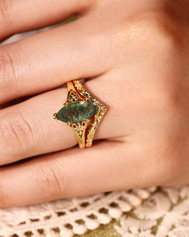 NEPHELE Nature Inspired Moss Agate Marquise Art Deco Style Ring Set