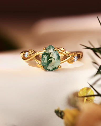 MABEL Pear Cut Moss Agate Leaf Nature Inspired Engagement Ring
