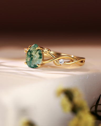 MABEL Pear Cut Moss Agate Leaf Nature Inspired Engagement Ring