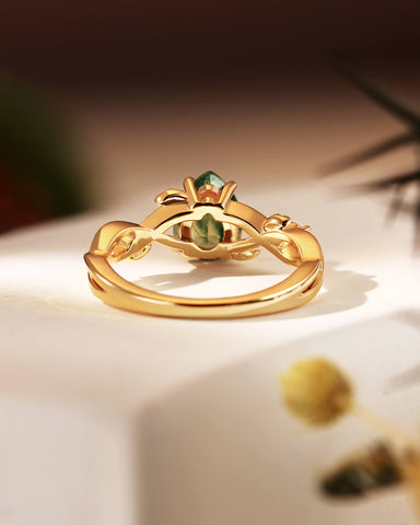 MABEL Pear Cut Moss Agate Leaf Nature Inspired Engagement Ring