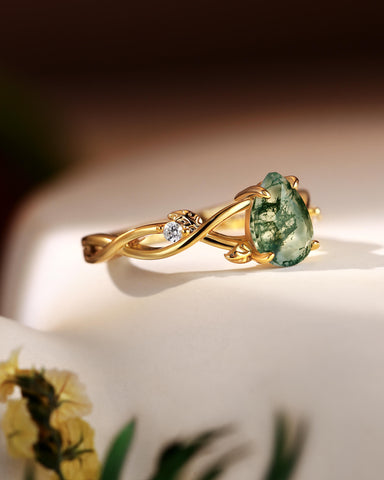 MABEL Pear Cut Moss Agate Leaf Nature Inspired Engagement Ring