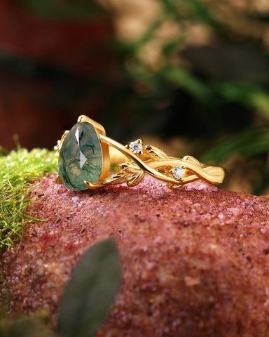 CERYS Nature Inspired Moss Agate Pear Cut Engagement Ring