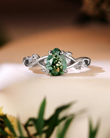 MABEL Pear Cut Moss Agate Leaf Nature Inspired Engagement Ring
