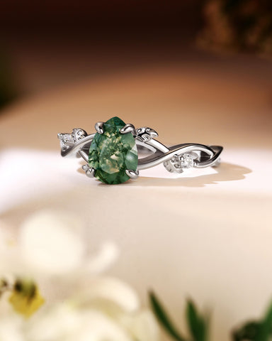 MABEL Pear Cut Moss Agate Leaf Nature Inspired Engagement Ring