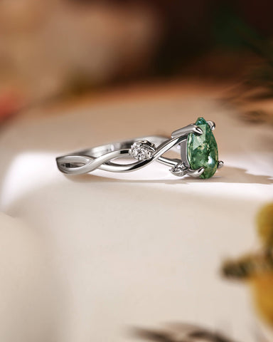 MABEL Pear Cut Moss Agate Leaf Nature Inspired Engagement Ring
