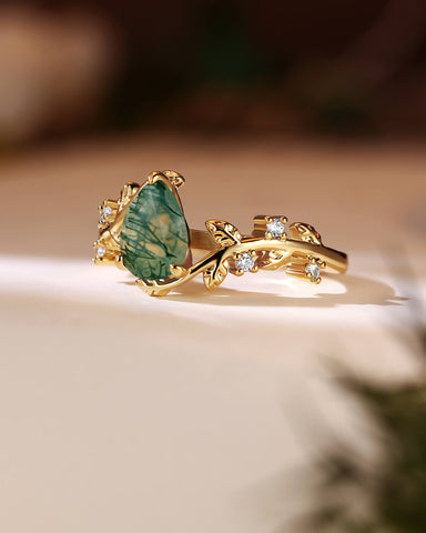 AVERY Pear Cut Moss Agate Leafy Engagement Ring