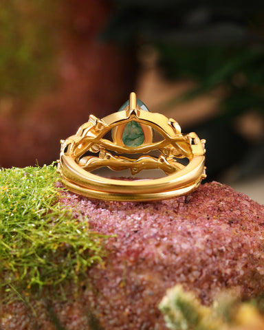 RAINA Pear Shaped Moss Agate Engagement Ring Set Nature Inspired Leaf Bridal Ring Set
