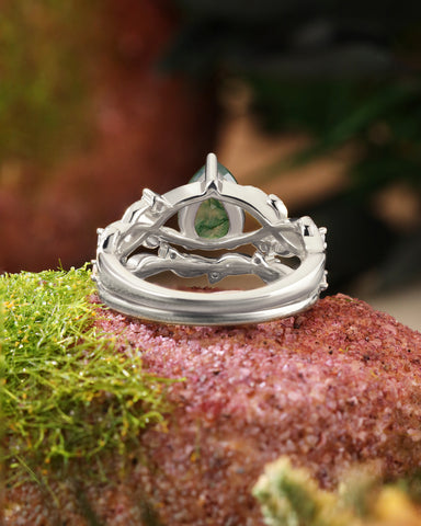 RAINA Pear Shaped Moss Agate Engagement Ring Set Nature Inspired Leaf Bridal Ring Set