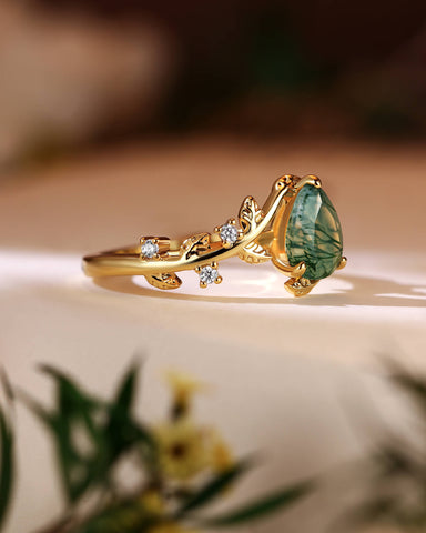 AVERY Pear Cut Moss Agate Leafy Engagement Ring