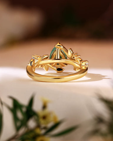 AVERY Pear Cut Moss Agate Leafy Engagement Ring