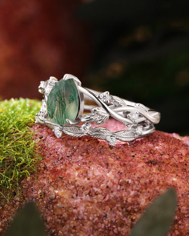 RAINA Pear Shaped Moss Agate Engagement Ring Set Nature Inspired Leaf Bridal Ring Set