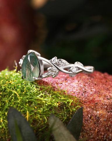 CERYS Nature Inspired Moss Agate Pear Cut Engagement Ring