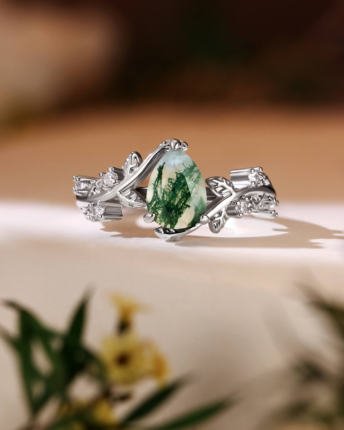 AVERY Pear Cut Moss Agate Leafy Engagement Ring