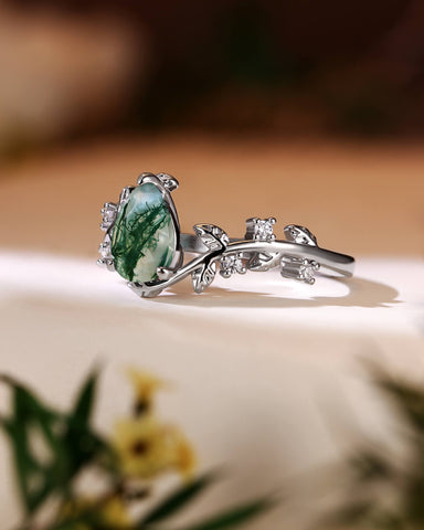 AVERY Pear Cut Moss Agate Leafy Engagement Ring