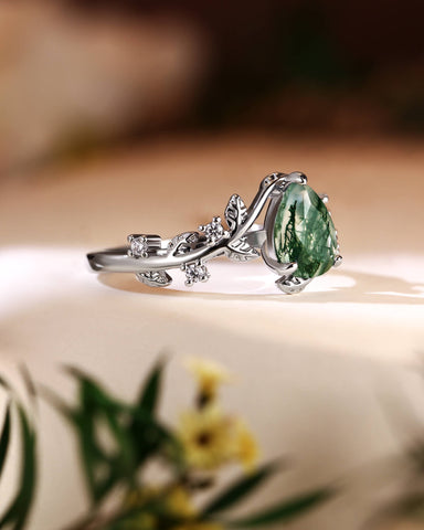 AVERY Pear Cut Moss Agate Leafy Engagement Ring