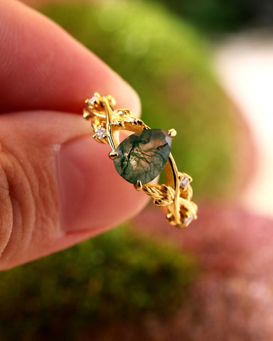 CERYS Nature Inspired Moss Agate Pear Cut Engagement Ring