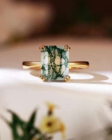 HARPER Double Prongs Emerald Cut Natural Moss Agate Engagement Ring