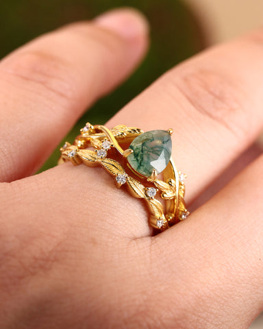 RAINA Pear Shaped Moss Agate Engagement Ring Set Nature Inspired Leaf Bridal Ring Set