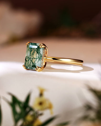 HARPER Double Prongs Emerald Cut Natural Moss Agate Engagement Ring