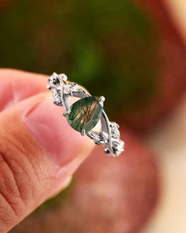 CERYS Nature Inspired Moss Agate Pear Cut Engagement Ring
