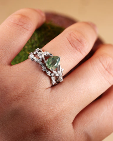 RAINA Pear Shaped Moss Agate Engagement Ring Set Nature Inspired Leaf Bridal Ring Set