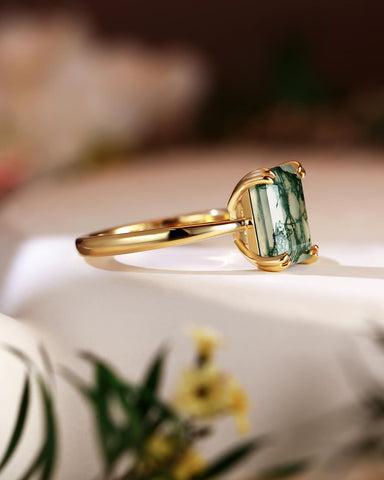 HARPER Double Prongs Emerald Cut Natural Moss Agate Engagement Ring