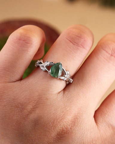 CERYS Nature Inspired Moss Agate Pear Cut Engagement Ring
