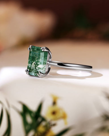 HARPER Double Prongs Emerald Cut Natural Moss Agate Engagement Ring