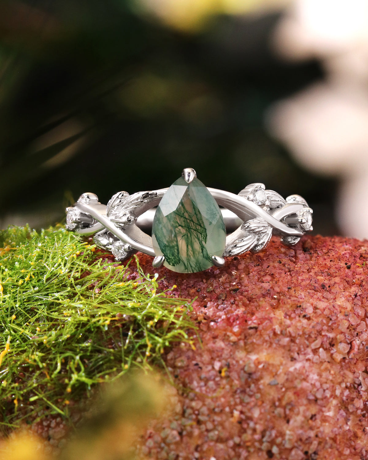 CERYS Nature Inspired Moss Agate Pear Cut Engagement Ring