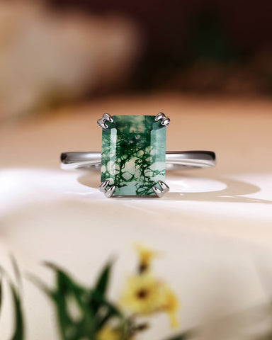 HARPER Double Prongs Emerald Cut Natural Moss Agate Engagement Ring