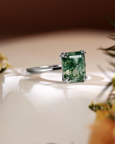 HARPER Double Prongs Emerald Cut Natural Moss Agate Engagement Ring