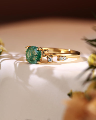 ARIEL Round Shaped Vine Moss Agate Engagement Ring