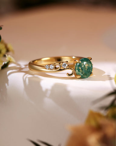 ARIEL Round Shaped Vine Moss Agate Engagement Ring